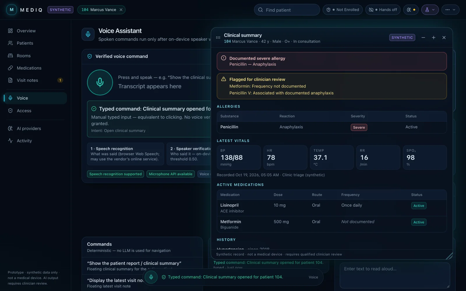 MEDIQ floating clinical summary window over the voice assistant: allergy alert, flags for review, latest vitals and active medications for a synthetic patient.